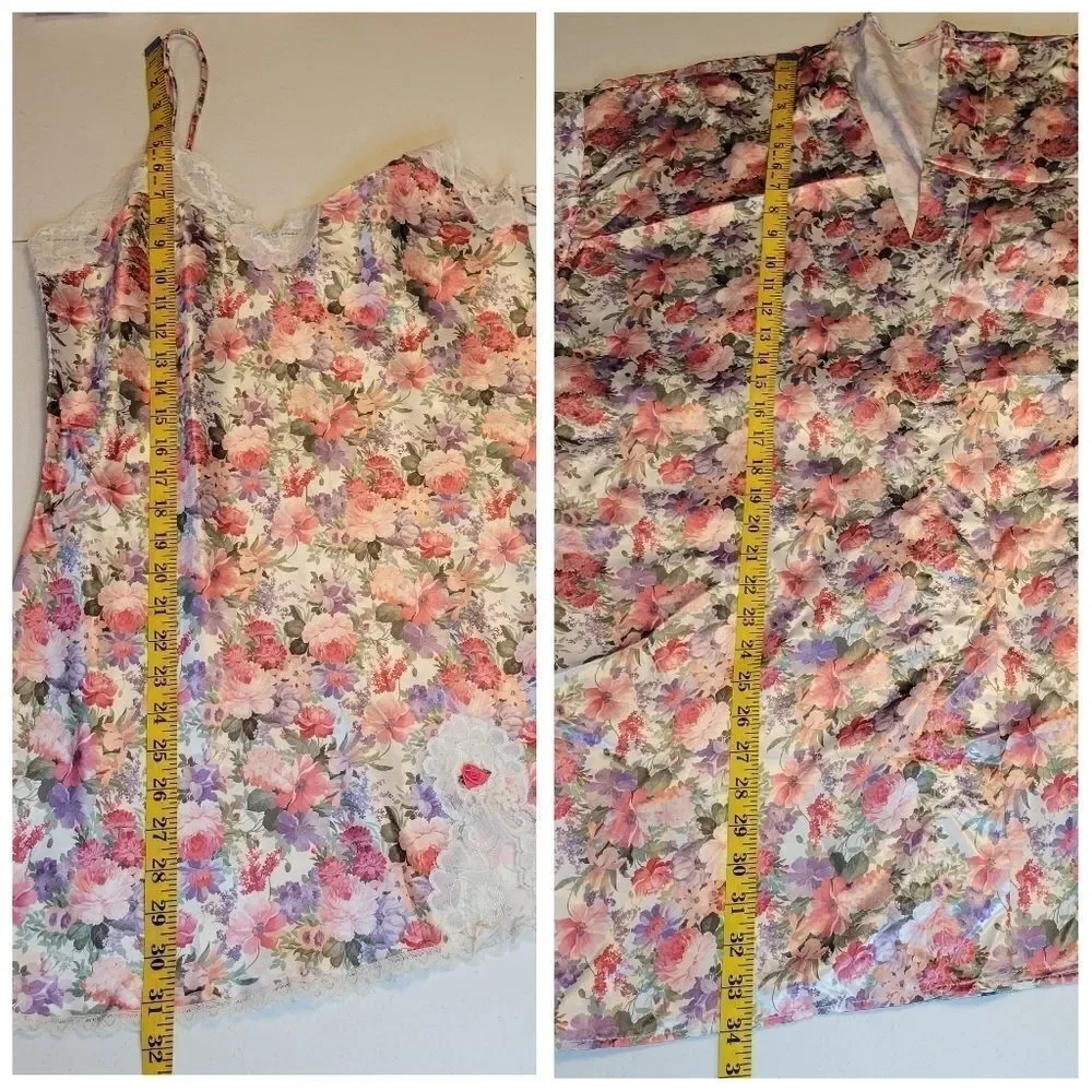 Floral Satin Lace Slip Dress Chemise Negligee and Matching Robe Set Pink